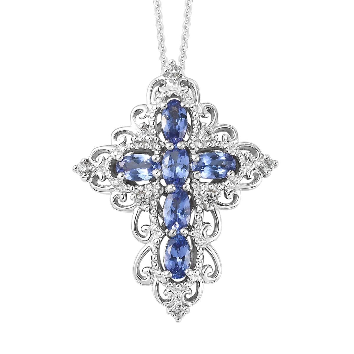 Tanzanite and White Zircon Cross Pendant Necklace 20 Inches in Platinum Over Sterling Silver 1.75 ctw image number 0