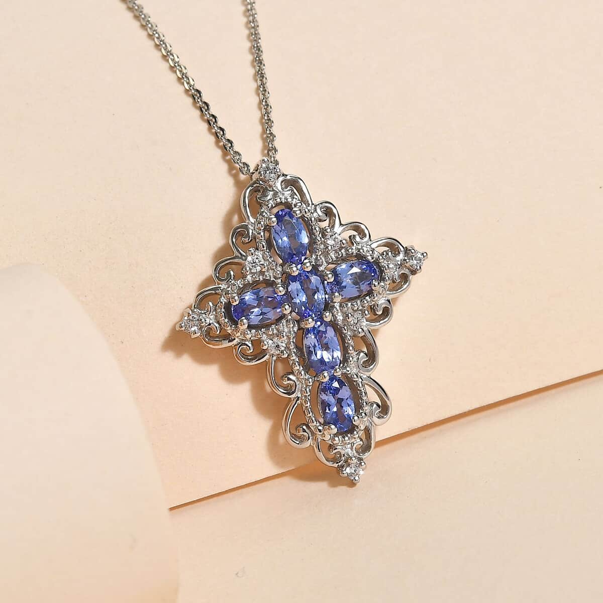 Tanzanite and White Zircon Cross Pendant Necklace 20 Inches in Platinum Over Sterling Silver 1.75 ctw image number 1