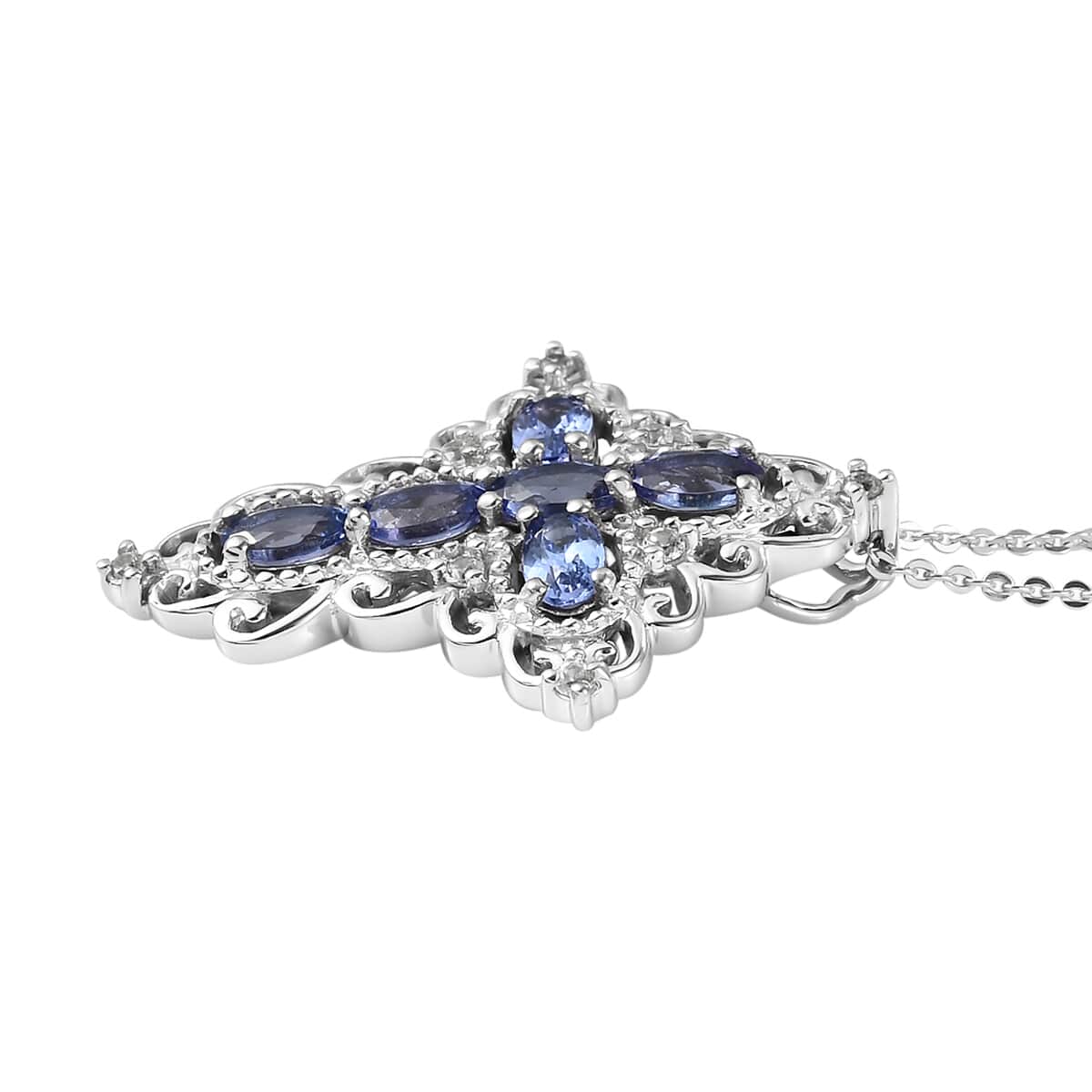 Tanzanite and White Zircon Cross Pendant Necklace 20 Inches in Platinum Over Sterling Silver 1.75 ctw image number 3