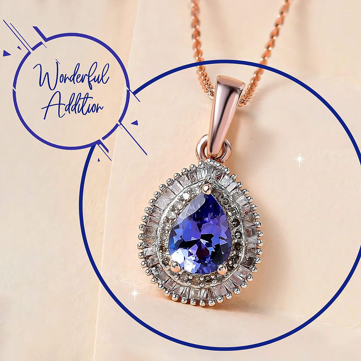 Tanzanite Natural Diamond Necklace in Vermeil RG Over Sterling Silver, Double Halo Pendant, White Diamond Champagne Diamond Necklace (0.35 cts), Diamond Pendant 1.35 ctw (Pear 8x6 mm) (20 Inches) image number 1