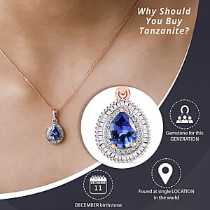 Tanzanite Natural Diamond Necklace in Vermeil RG Over Sterling Silver, Double Halo Pendant, White Diamond Champagne Diamond Necklace (0.35 cts), Diamond Pendant 1.35 ctw (Pear 8x6 mm) (20 Inches)
