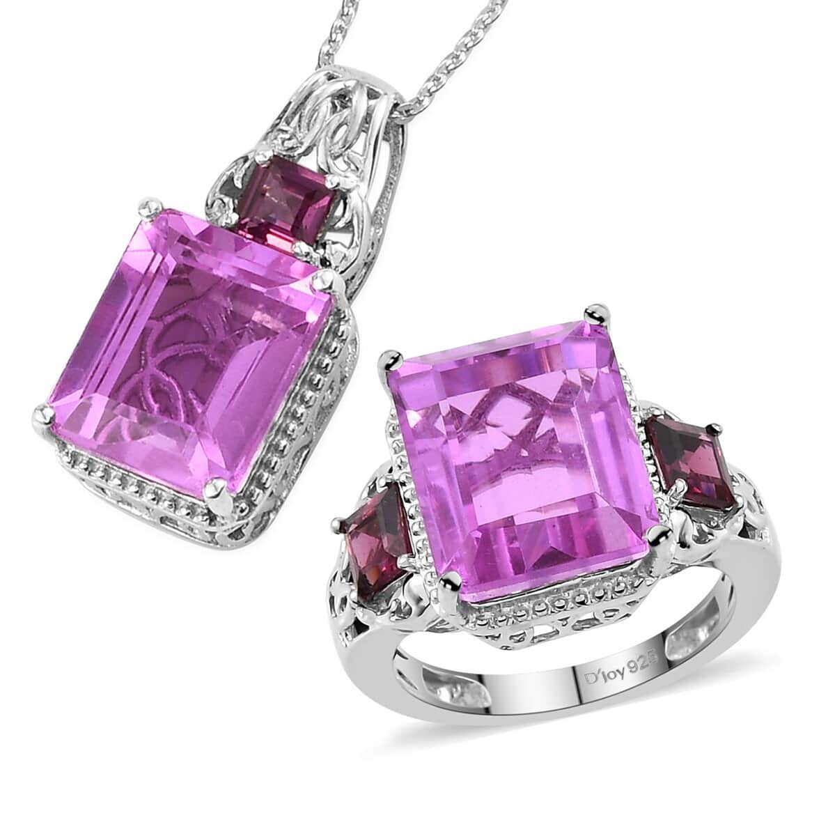 Patroke Quartz and Orissa Rhodolite Garnet Ring and Pendant Necklace 20 Inches in Platinum Over Sterling Silver 8.10 Grams 14.75 ctw image number 0