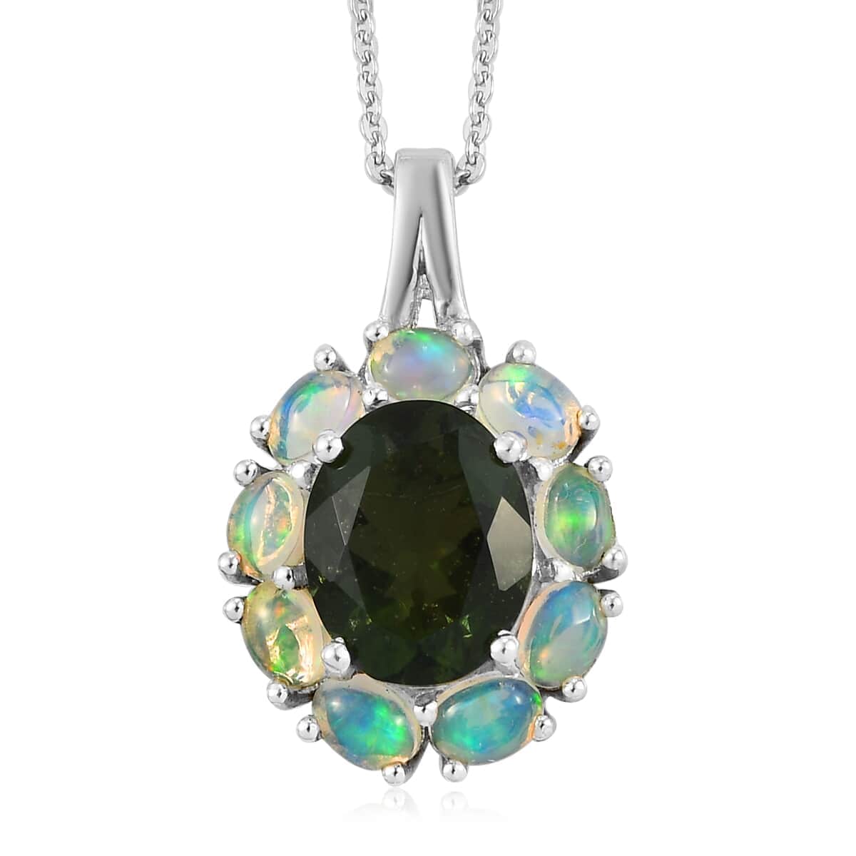 AAA Bohemian Moldavite and Ethiopian Welo Opal Halo Pendant Necklace 20 Inches in Platinum Over Sterling Silver 3.10 ctw image number 0