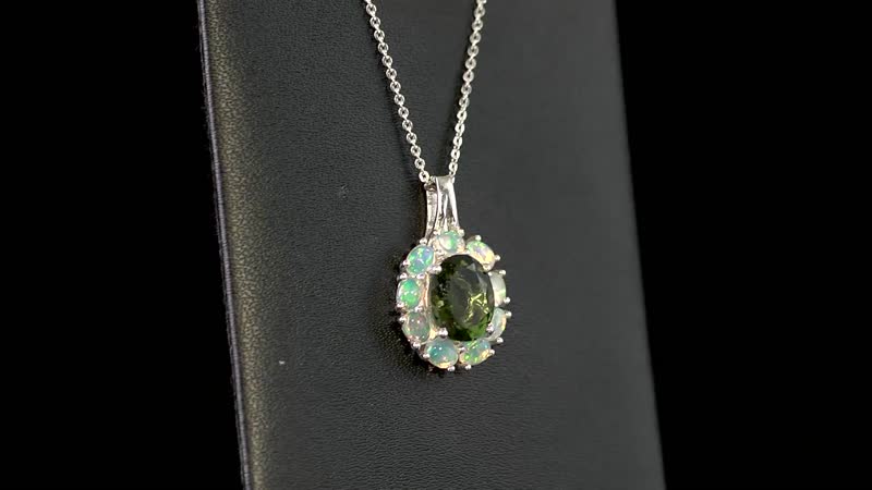 AAA Bohemian Moldavite and Ethiopian Welo Opal Halo Pendant Necklace 20 Inches in Platinum Over Sterling Silver 3.10 ctw