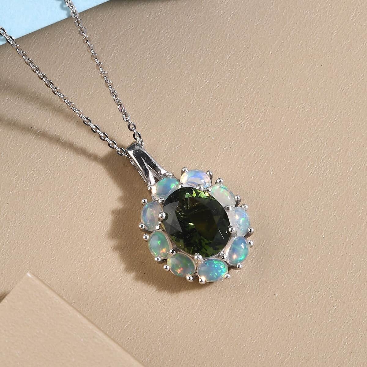 AAA Bohemian Moldavite and Ethiopian Welo Opal Halo Pendant Necklace 20 Inches in Platinum Over Sterling Silver 3.10 ctw image number 1