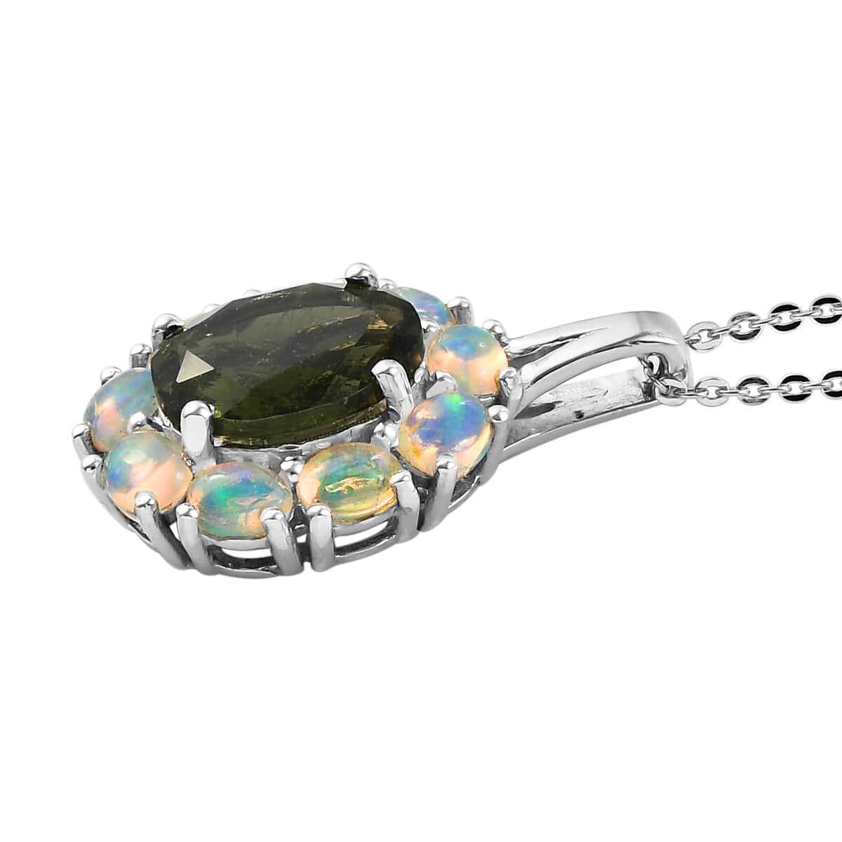 AAA Bohemian Moldavite and Ethiopian Welo Opal Halo Pendant Necklace 20 Inches in Platinum Over Sterling Silver 3.10 ctw image number 3