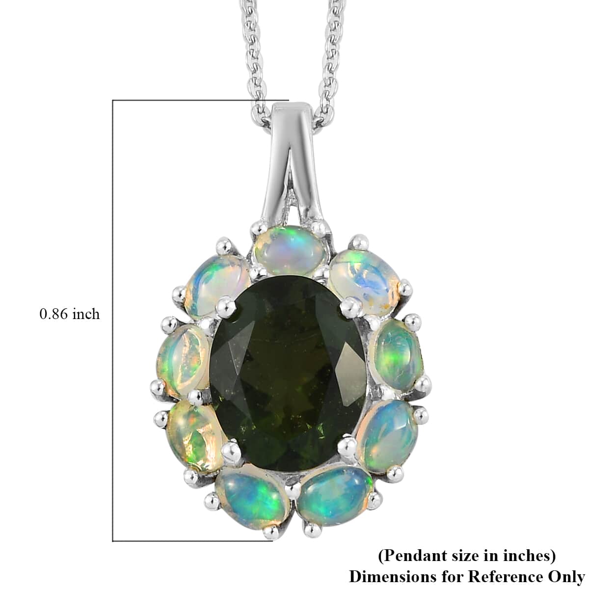 AAA Bohemian Moldavite and Ethiopian Welo Opal Halo Pendant Necklace 20 Inches in Platinum Over Sterling Silver 3.10 ctw image number 5