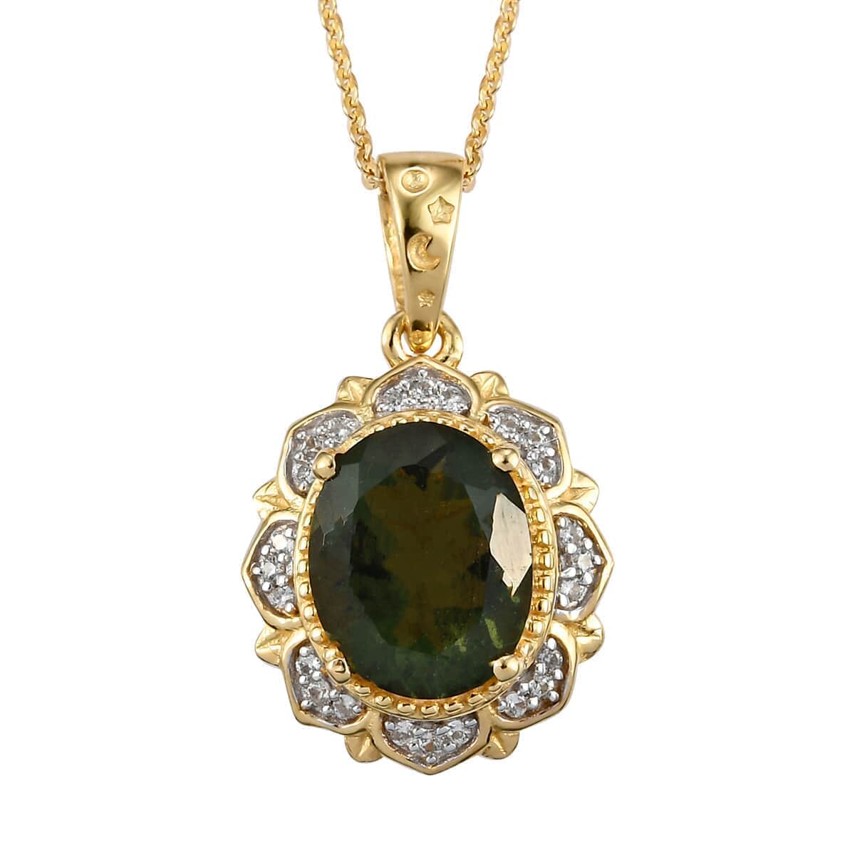 AAA Bohemian Moldavite and White Zircon Floral Pendant Necklace 20 Inches in Vermeil Yellow Gold Over Sterling Silver 2.25 ctw image number 0