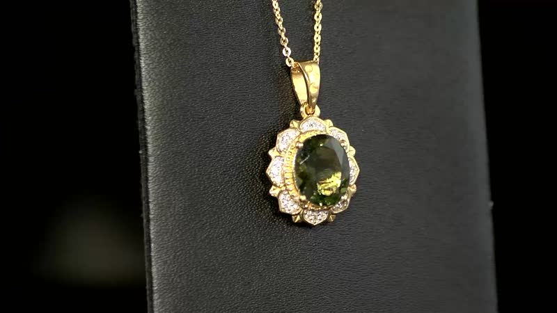 AAA Bohemian Moldavite and White Zircon Floral Pendant Necklace 20 Inches in Vermeil Yellow Gold Over Sterling Silver 2.25 ctw