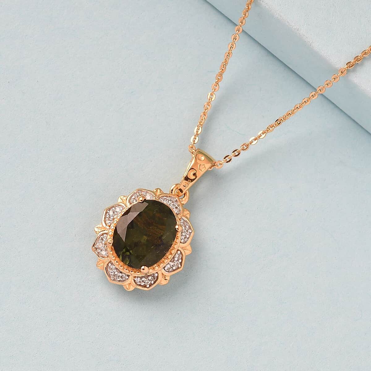 AAA Bohemian Moldavite and White Zircon Floral Pendant Necklace 20 Inches in Vermeil Yellow Gold Over Sterling Silver 2.25 ctw image number 1