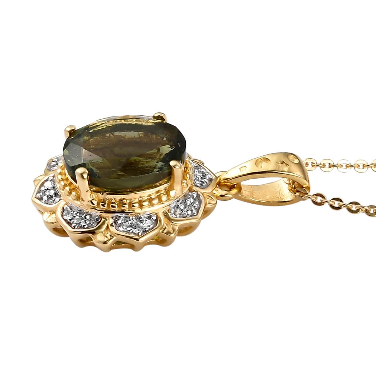 AAA Bohemian Moldavite and White Zircon Floral Pendant Necklace 20 Inches in Vermeil Yellow Gold Over Sterling Silver 2.25 ctw image number 3
