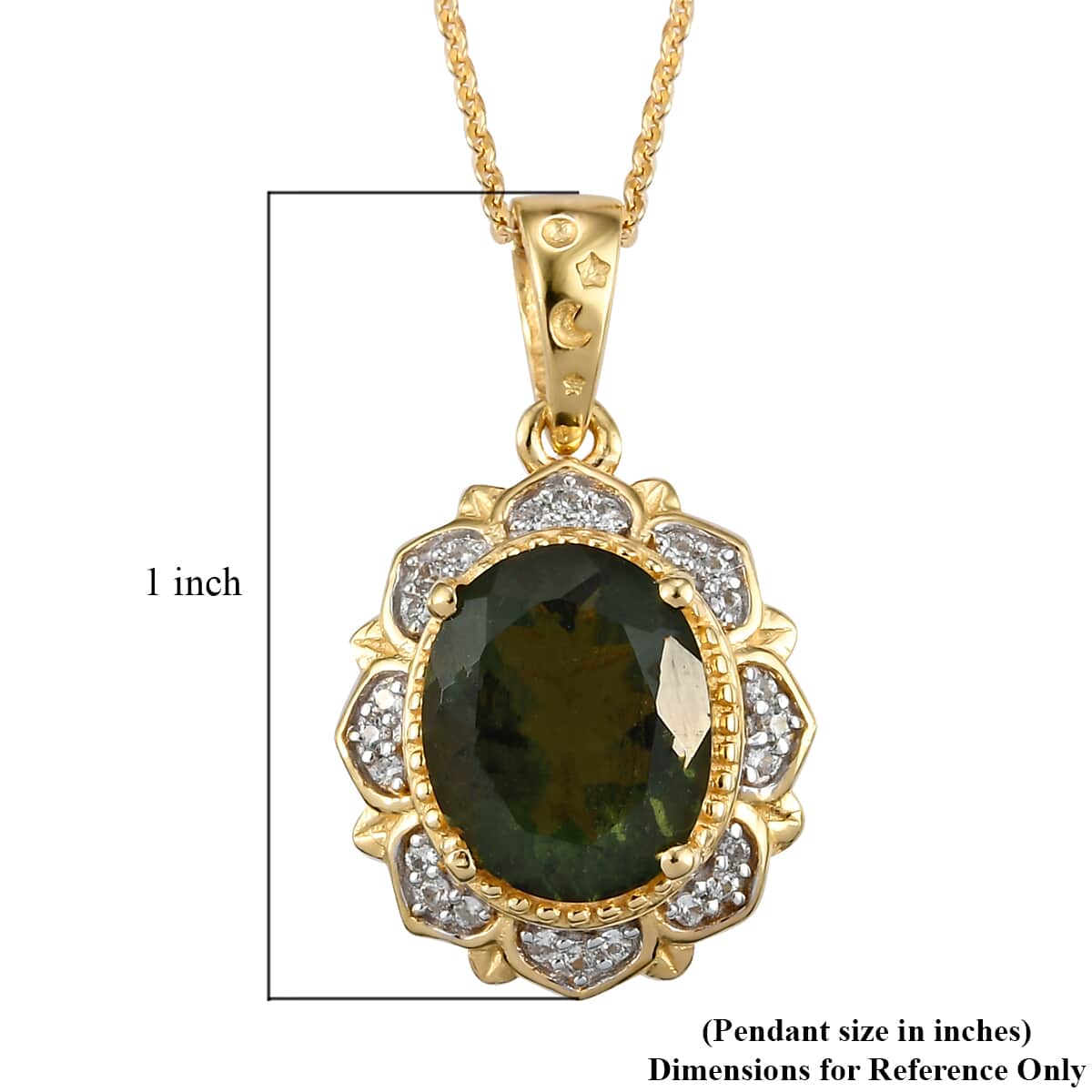AAA Bohemian Moldavite and White Zircon Floral Pendant Necklace 20 Inches in Vermeil Yellow Gold Over Sterling Silver 2.25 ctw image number 6