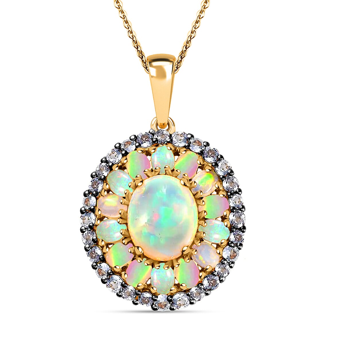 Premium Ethiopian Welo Opal Cocktail Cluster Pendant Necklace,  Tanzanite Accent Necklace, 20 Inch Necklace, Vermeil YG Over Sterling Silver Necklace, Opal Jewelry 5.60 ctw image number 0