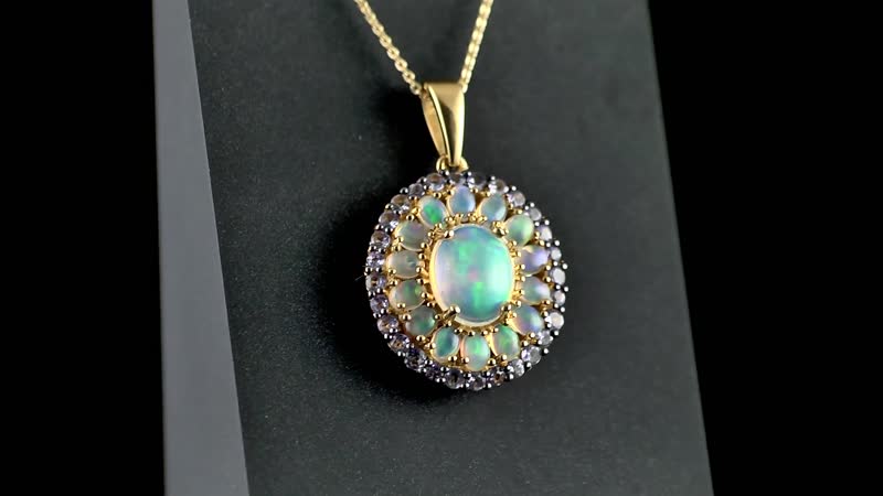 Premium Ethiopian Welo Opal and Tanzanite Double Halo Pendant Necklace 20 Inches in Vermeil Yellow Gold Over Sterling Silver 7.35 Grams 5.60 ctw