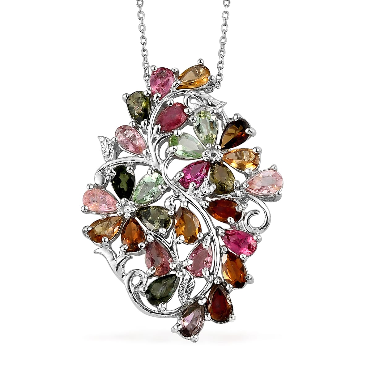 Multi-Tourmaline Floral Pendant Necklace 20 Inches in Platinum Over Sterling Silver 5.35 ctw