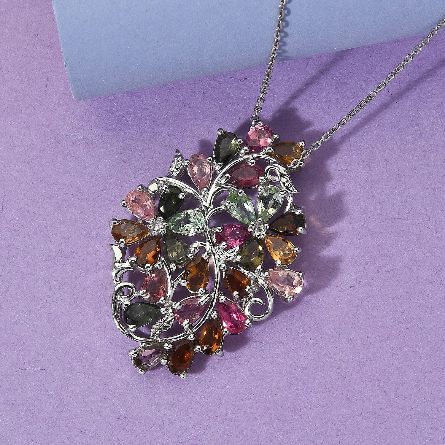 Multi-Tourmaline Floral Pendant Necklace 20 Inches in Platinum Over Sterling Silver 5.35 ctw