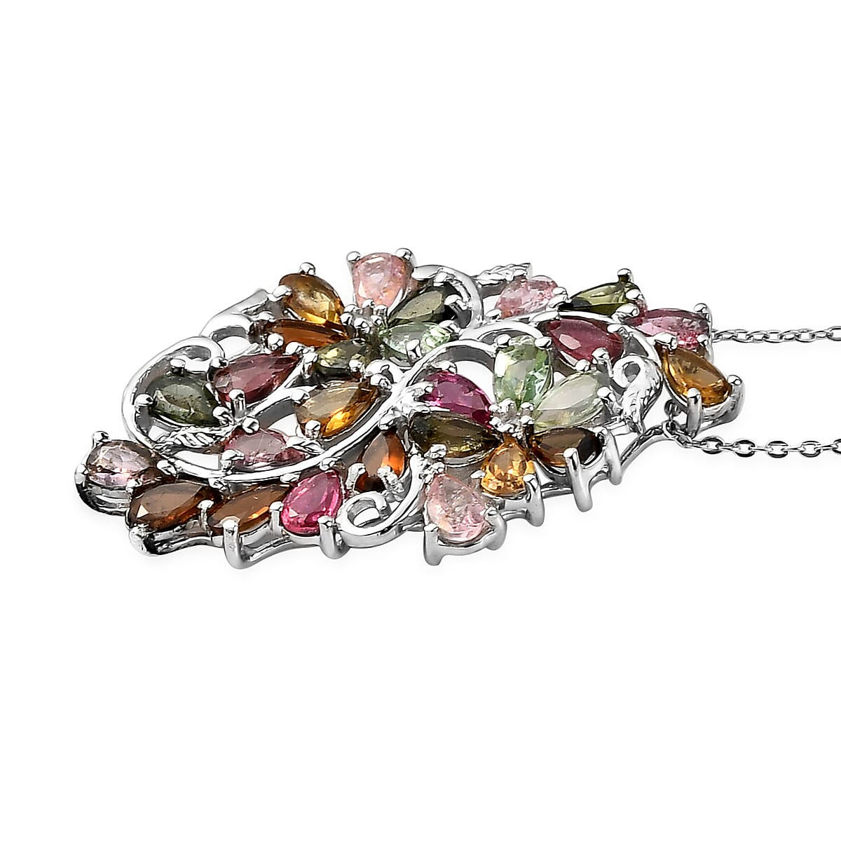 Multi-Tourmaline Floral Pendant Necklace 20 Inches in Platinum Over Sterling Silver 5.35 ctw