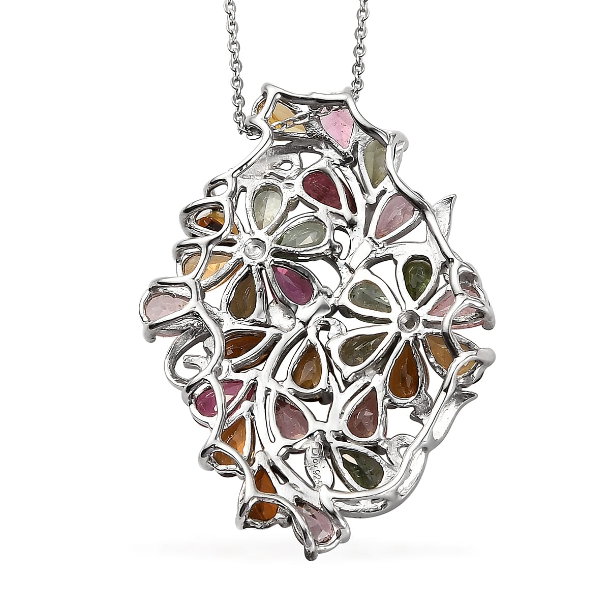 Multi-Tourmaline Floral Pendant Necklace 20 Inches in Platinum Over Sterling Silver 5.35 ctw