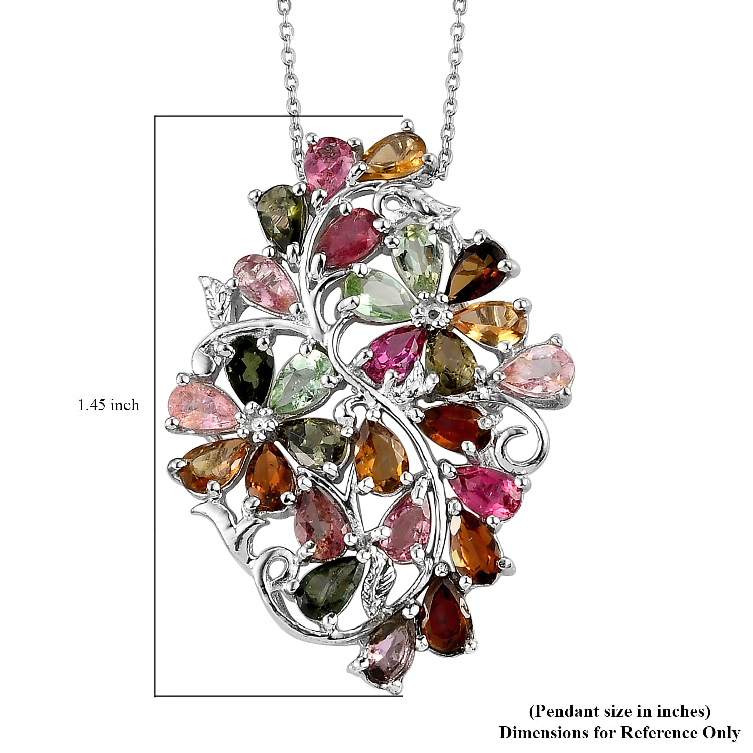 Multi-Tourmaline Floral Pendant Necklace 20 Inches in Platinum Over Sterling Silver 5.35 ctw