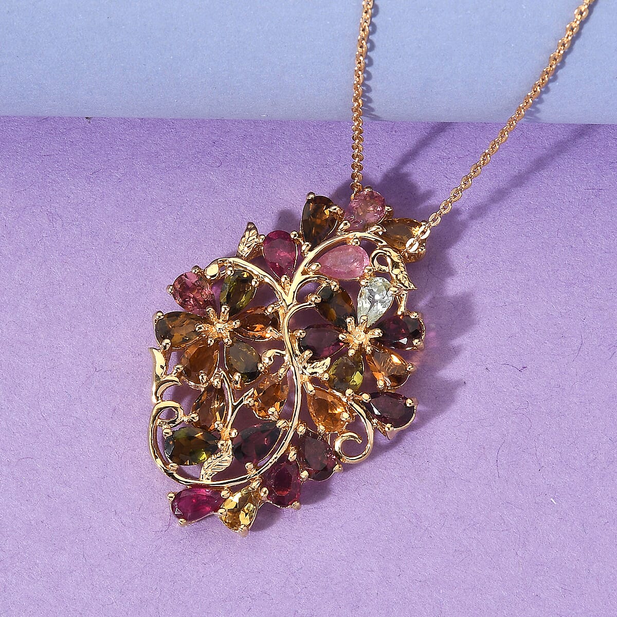 Multi-Tourmaline Floral Pendant Necklace 20 Inches in Vermeil Yellow Gold Over Sterling Silver 5.00 ctw image number 1