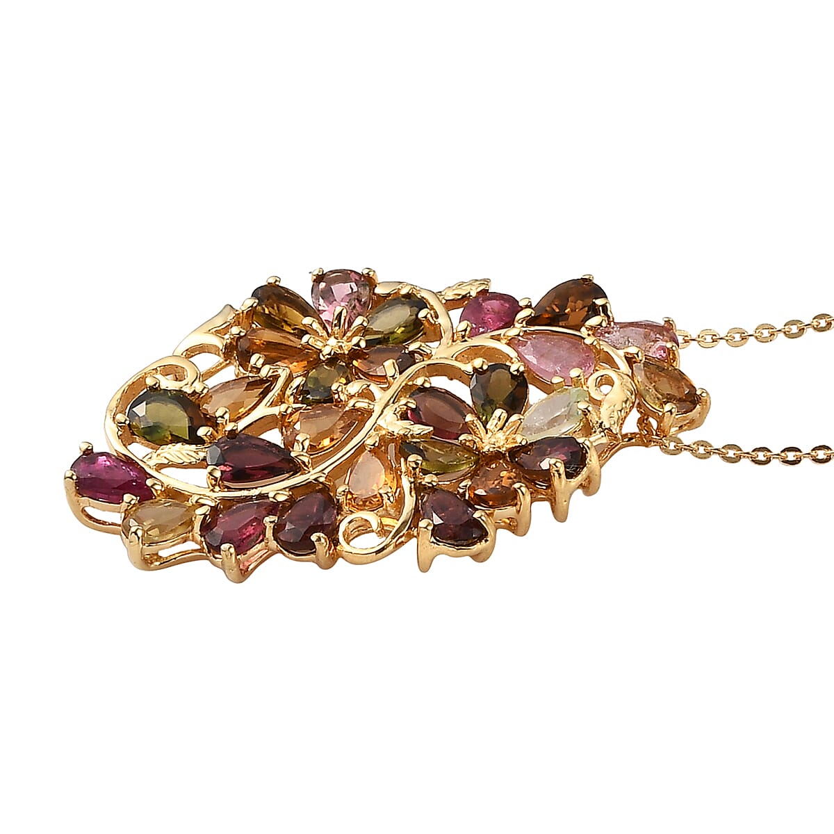 Multi-Tourmaline Floral Pendant Necklace 20 Inches in Vermeil Yellow Gold Over Sterling Silver 5.00 ctw image number 3