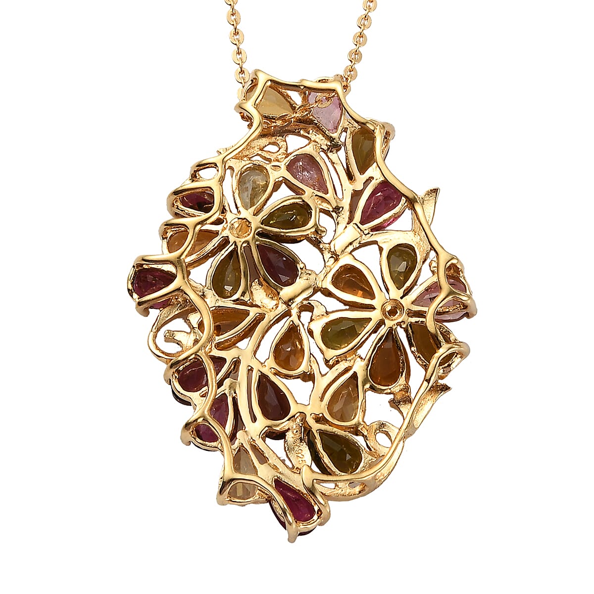 Multi-Tourmaline Floral Pendant Necklace 20 Inches in Vermeil Yellow Gold Over Sterling Silver 5.00 ctw image number 4