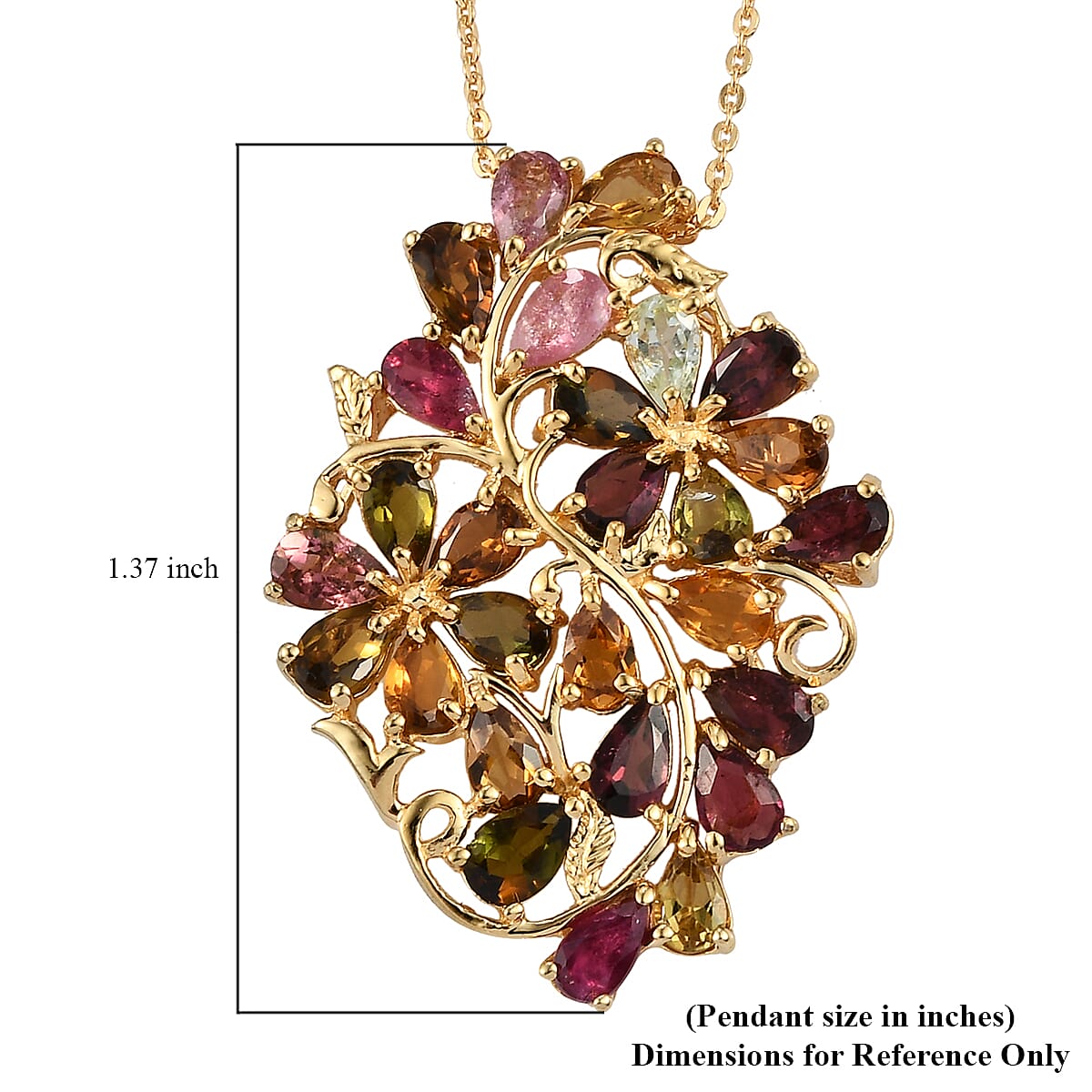 Multi-Tourmaline Floral Pendant Necklace 20 Inches in Vermeil Yellow Gold Over Sterling Silver 5.00 ctw image number 6