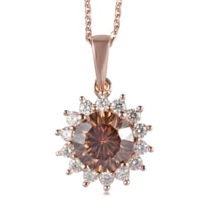 Concave Cut Champagne and White Moissanite Sunburst Pendant Necklace 20 Inches in Vermeil Rose Gold Over Sterling Silver 2.60 ctw