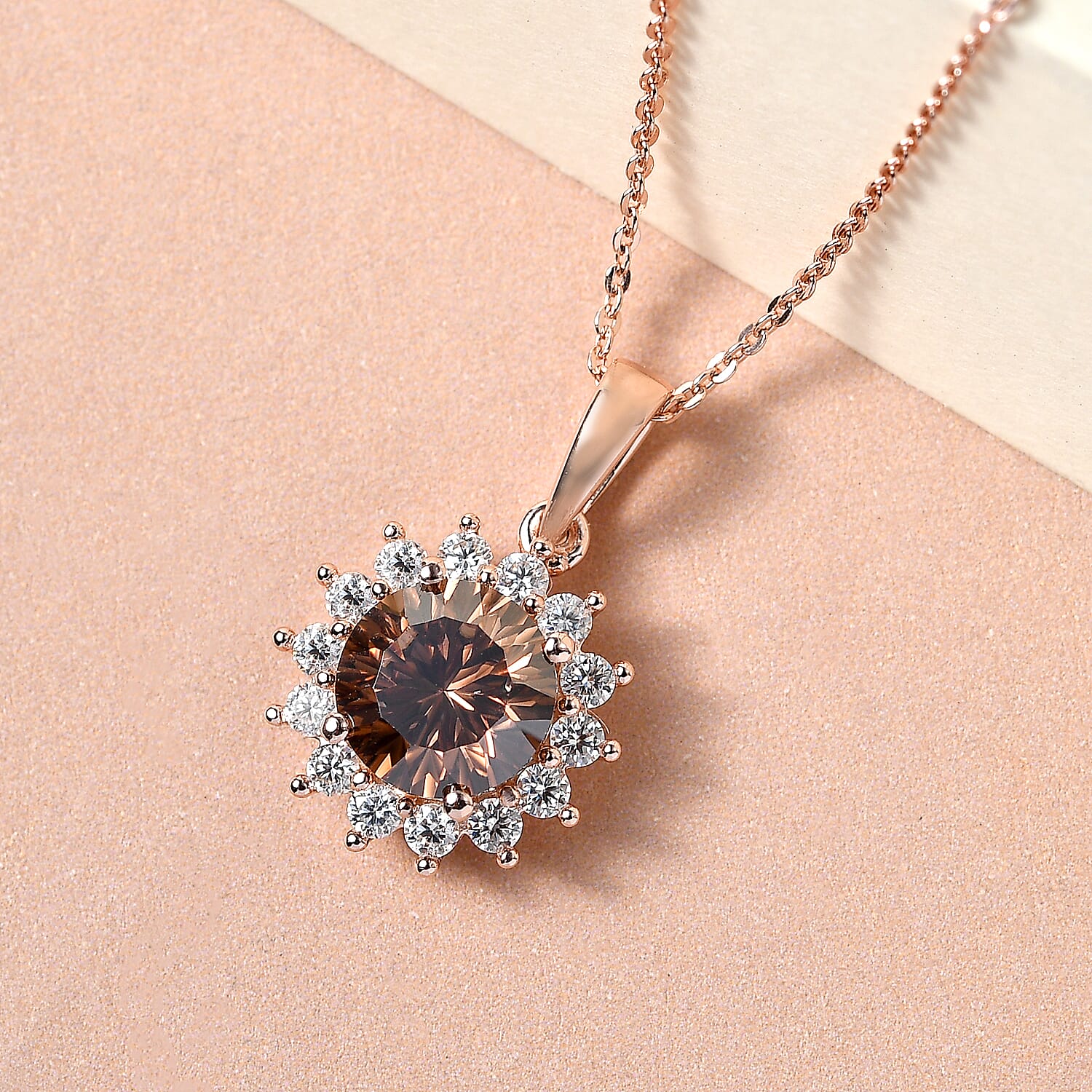 Concave Cut Champagne and White Moissanite Sunburst Pendant Necklace 20 Inches in Vermeil Rose Gold Over Sterling Silver 2.60 ctw