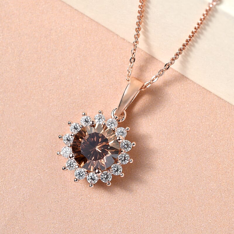 Concave Cut Champagne and White Moissanite Sunburst Pendant Necklace 20 Inches in Vermeil Rose Gold Over Sterling Silver 2.60 ctw