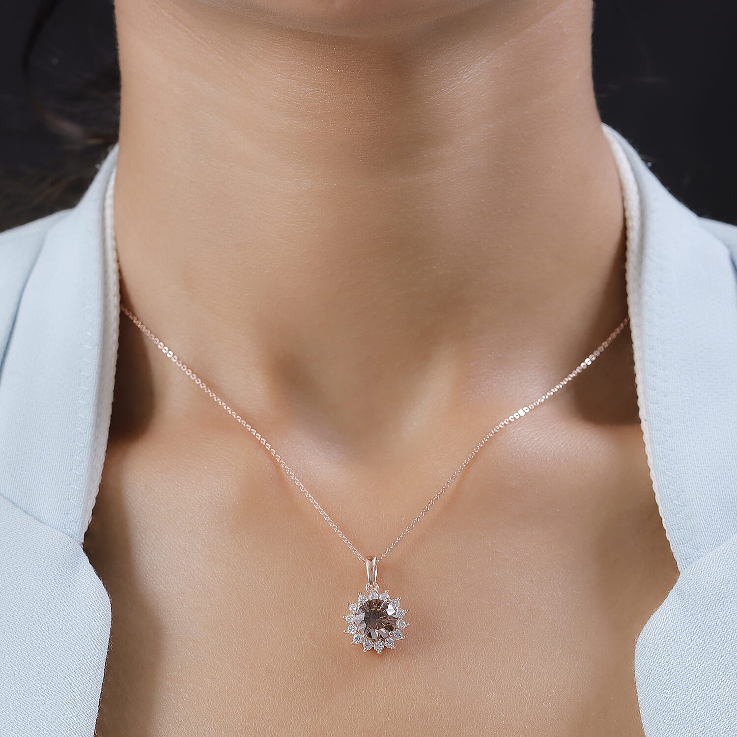 Concave Cut Champagne and White Moissanite Sunburst Pendant Necklace 20 Inches in Vermeil Rose Gold Over Sterling Silver 2.60 ctw