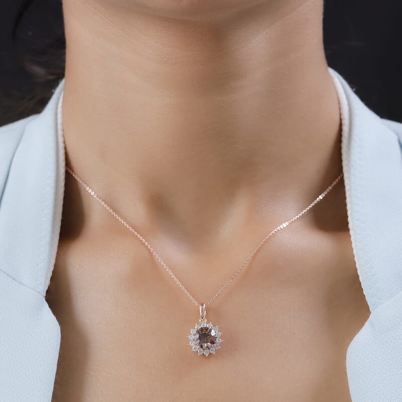 Concave Cut Champagne and White Moissanite Sunburst Pendant Necklace 20 Inches in Vermeil Rose Gold Over Sterling Silver 2.60 ctw