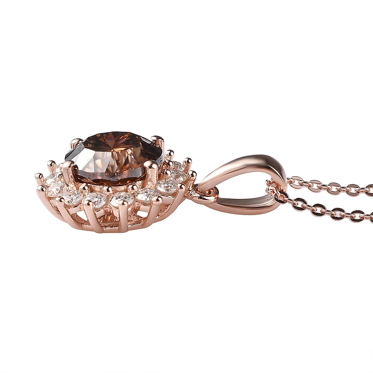 Concave Cut Champagne and White Moissanite Sunburst Pendant Necklace 20 Inches in Vermeil Rose Gold Over Sterling Silver 2.60 ctw