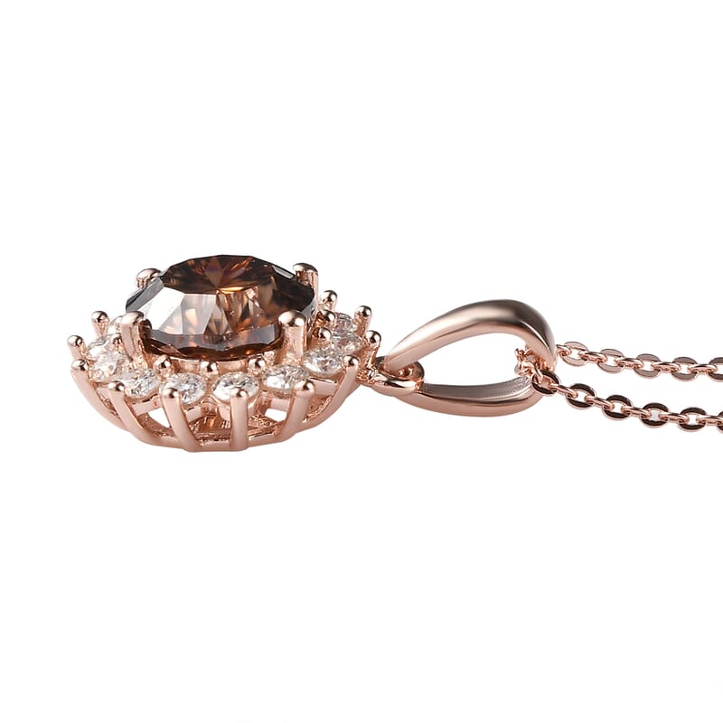 Concave Cut Champagne and White Moissanite Sunburst Pendant Necklace 20 Inches in Vermeil Rose Gold Over Sterling Silver 2.60 ctw