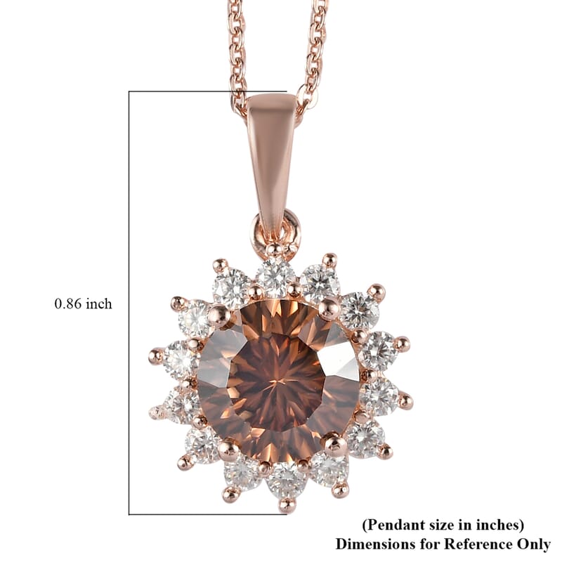 Concave Cut Champagne and White Moissanite Sunburst Pendant Necklace 20 Inches in Vermeil Rose Gold Over Sterling Silver 2.60 ctw