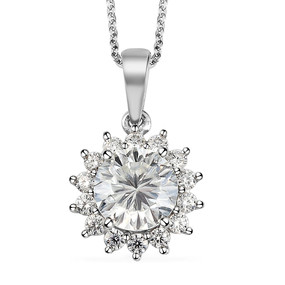 Concave Cut Moissanite VS-EF Sunburst Pendant Necklace 20 Inches in Platinum Over Sterling Silver 2.60 ctw image number 0