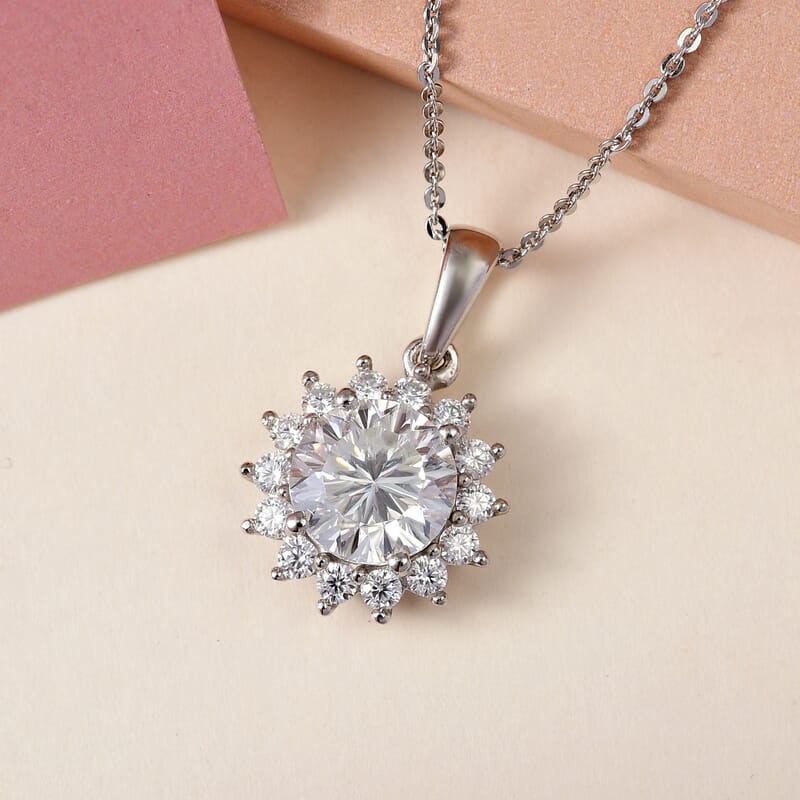 Concave Cut Moissanite Sunburst Pendant Necklace 20 Inches in Platinum Over Sterling Silver 2.60 ctw