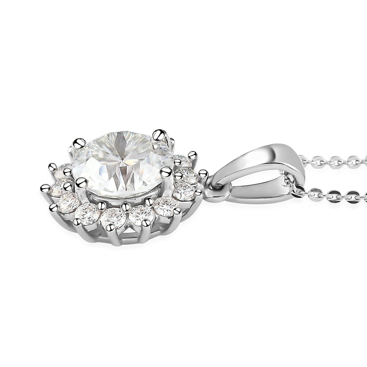 Concave Cut Moissanite Sunburst Pendant Necklace 20 Inches in Platinum Over Sterling Silver 2.60 ctw