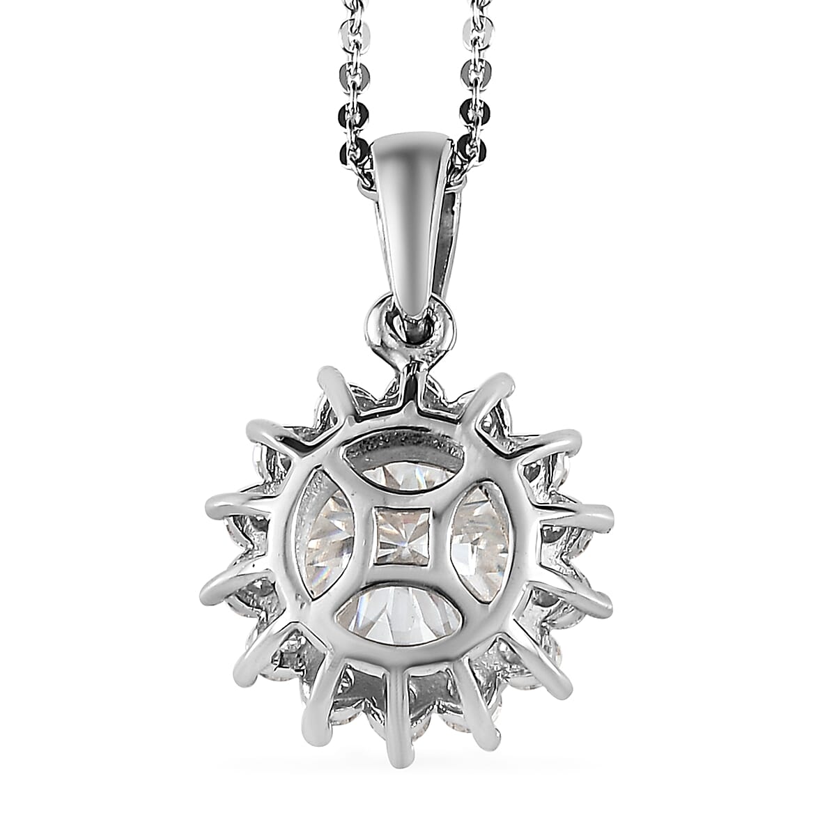 Concave Cut Moissanite VS-EF Sunburst Pendant Necklace 20 Inches in Platinum Over Sterling Silver 2.60 ctw image number 4