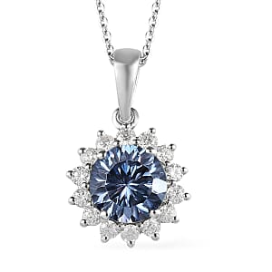 Concave Cut Blue Moissanite and White Moissanite Sunburst Pendant Necklace 20 Inches in Platinum Over Sterling Silver 2.50 ctw