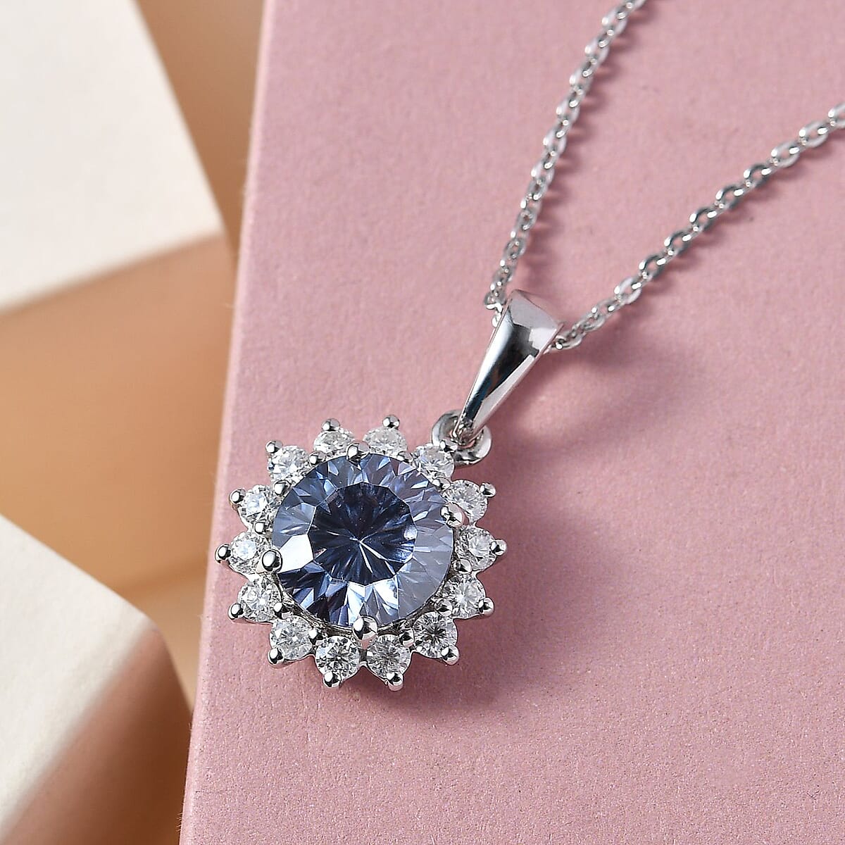 Concave Cut Blue Moissanite and White Moissanite Sunburst Pendant Necklace 20 Inches in Platinum Over Sterling Silver 2.50 ctw image number 1