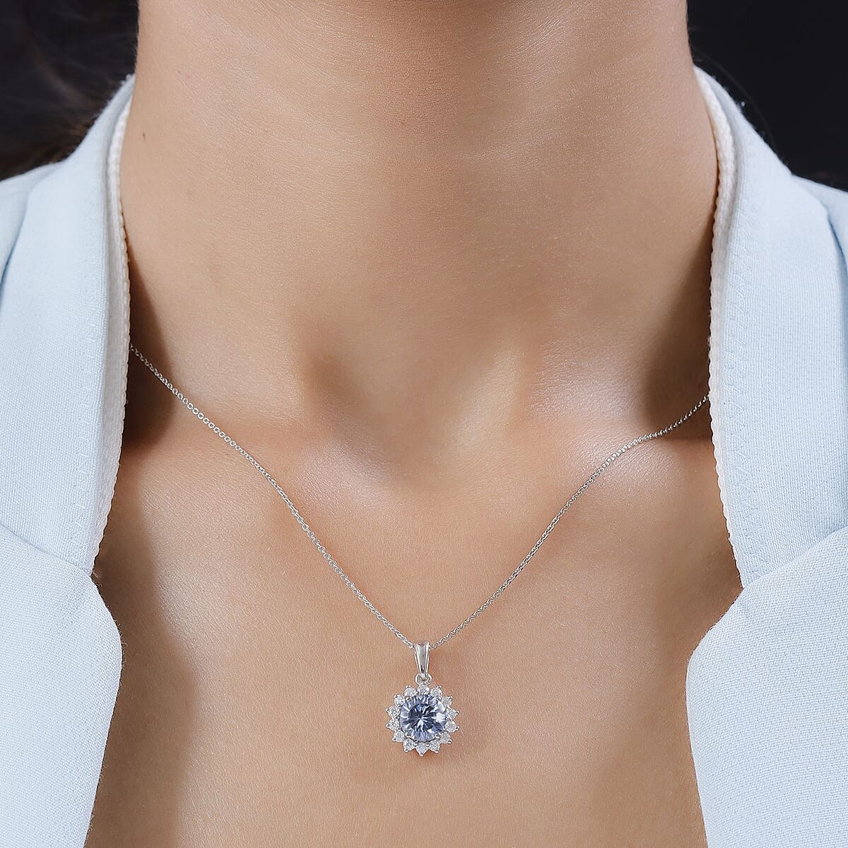 Concave Cut Blue Moissanite and White Moissanite Sunburst Pendant Necklace 20 Inches in Platinum Over Sterling Silver 2.50 ctw image number 2