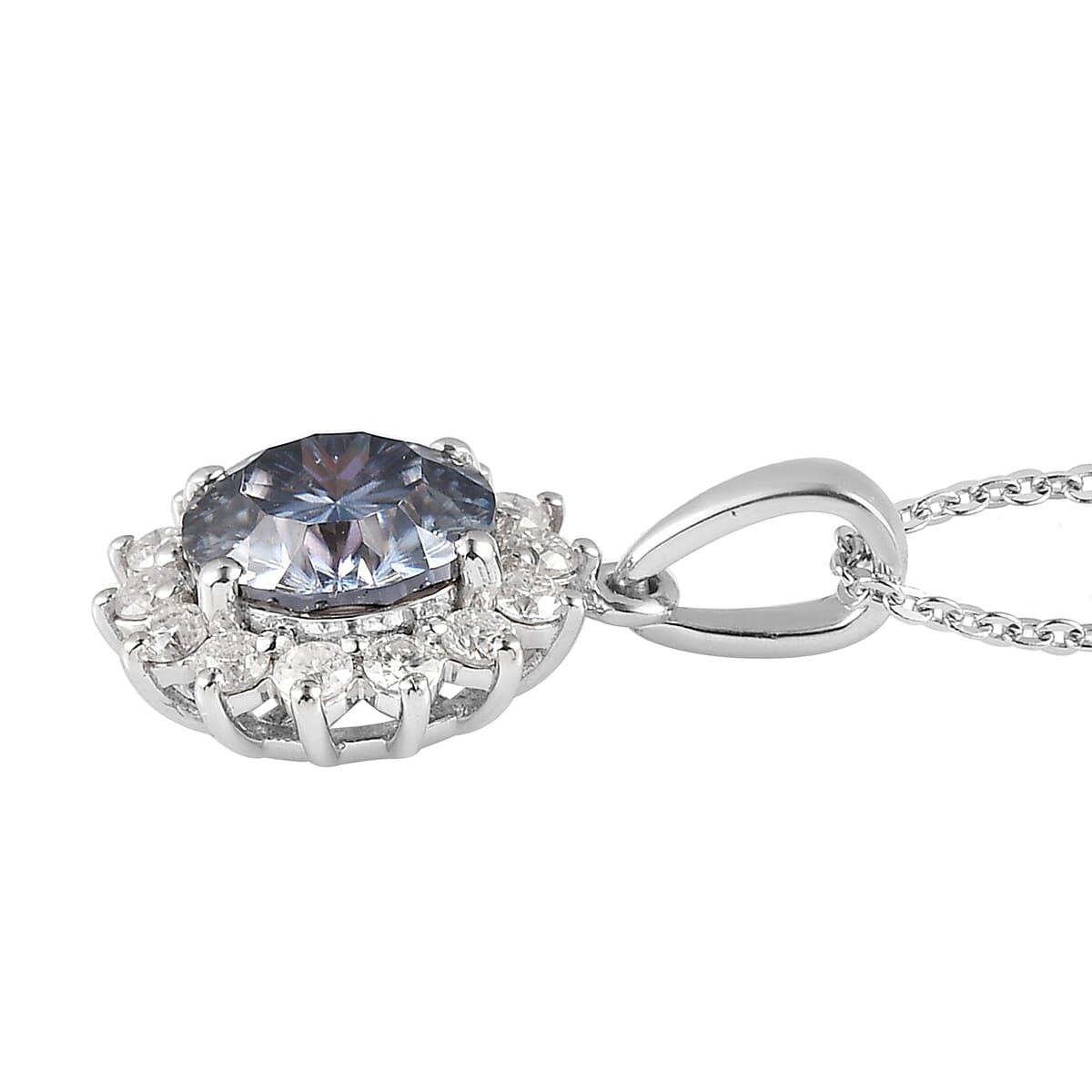 Concave Cut Blue Moissanite and White Moissanite Sunburst Pendant Necklace 20 Inches in Platinum Over Sterling Silver 2.50 ctw image number 3