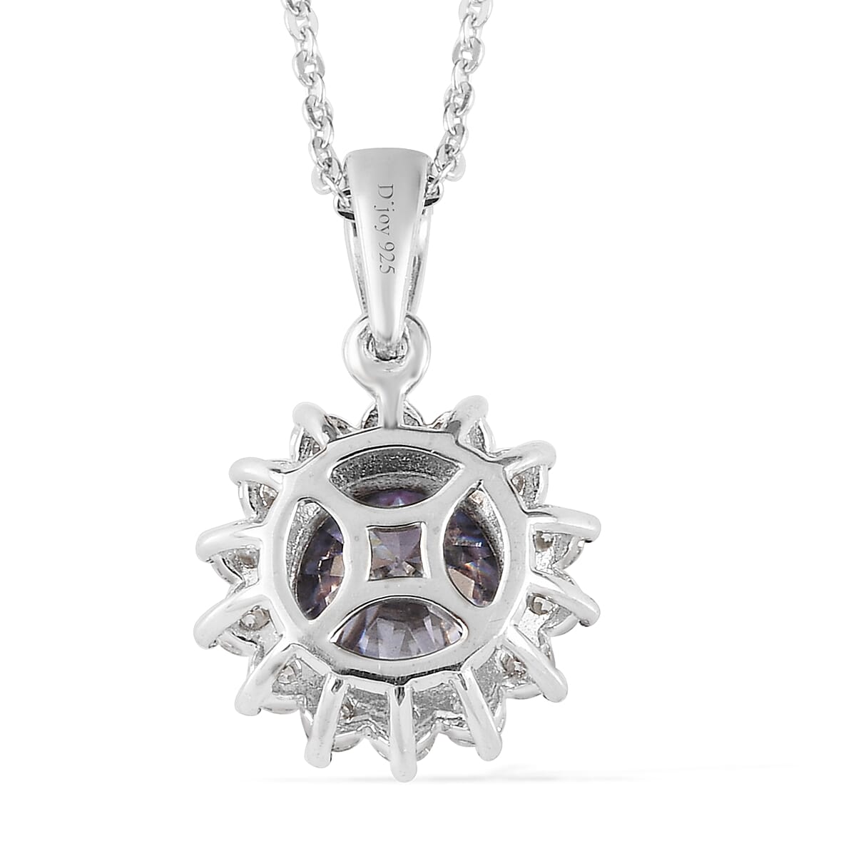 Concave Cut Blue Moissanite and White Moissanite Sunburst Pendant Necklace 20 Inches in Platinum Over Sterling Silver 2.50 ctw image number 4