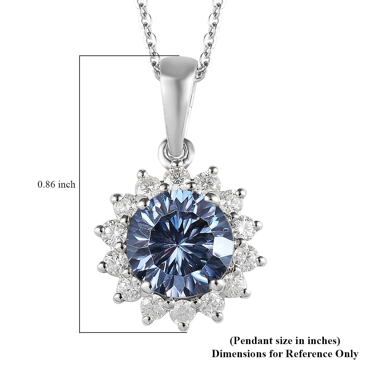 Concave Cut Blue Moissanite and White Moissanite Sunburst Pendant Necklace 20 Inches in Platinum Over Sterling Silver 2.50 ctw image number 6