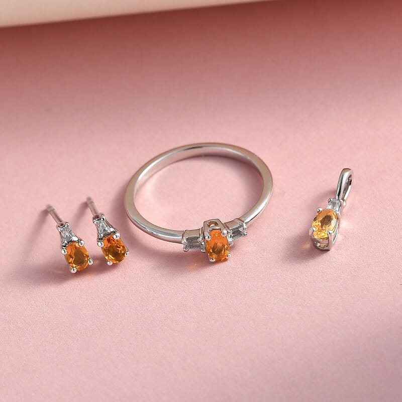 Jalisco Fire Opal, White Topaz Earrings, Ring (Size 5.0) and Pendant in Platinum Over Sterling Silver 0.80 ctw