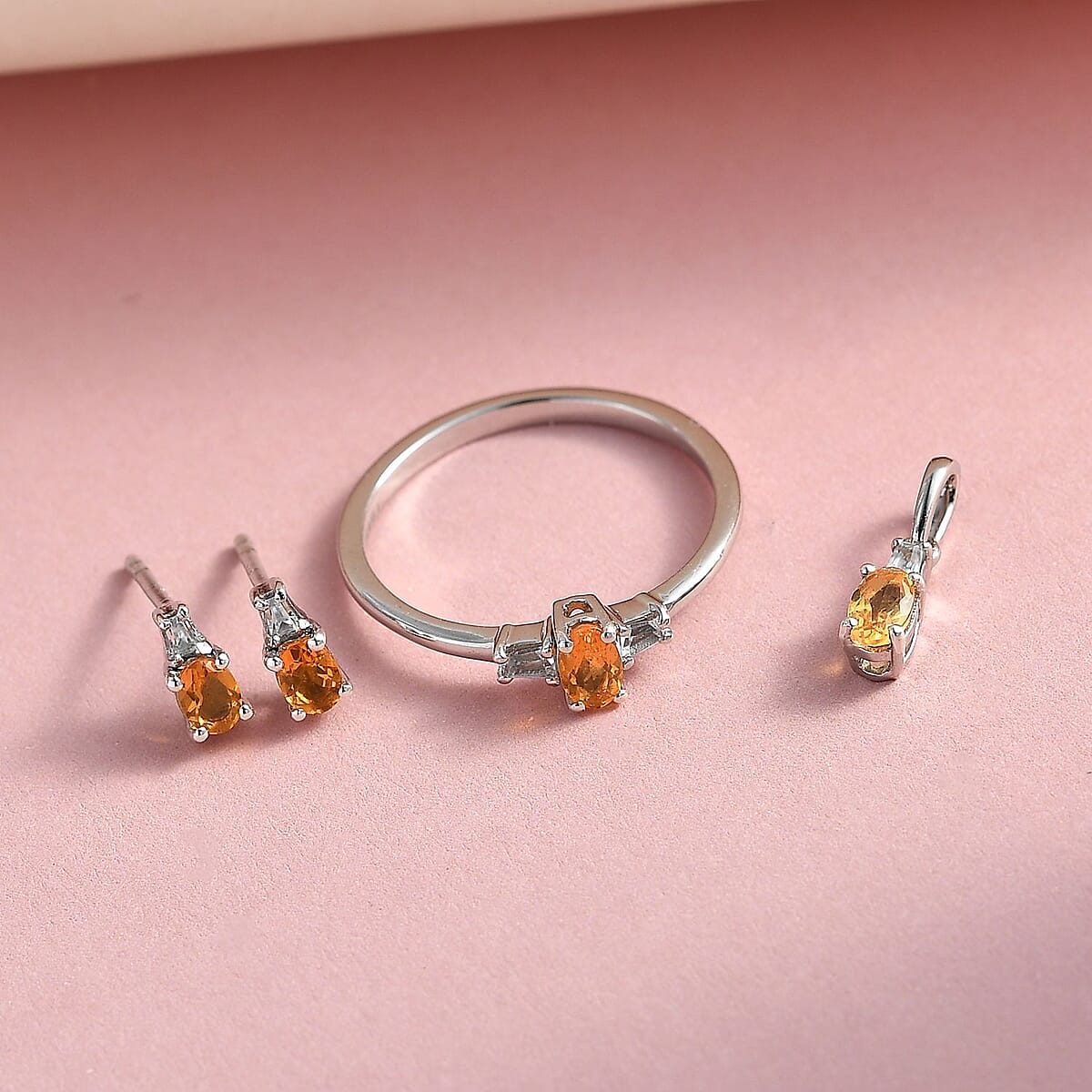 Jalisco Fire Opal and White Topaz Earrings, Ring (Size 6.0) and Pendant in Platinum Over Sterling Silver 0.80 ctw image number 1