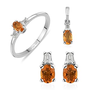 Jalisco Fire Opal and White Topaz Earrings, Ring (Size 7.0) and Pendant in Platinum Over Sterling Silver 0.80 ctw