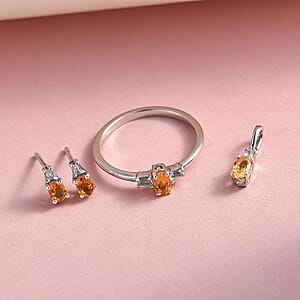 Jalisco Fire Opal and White Topaz Earrings, Ring (Size 7.0) and Pendant in Platinum Over Sterling Silver 0.80 ctw