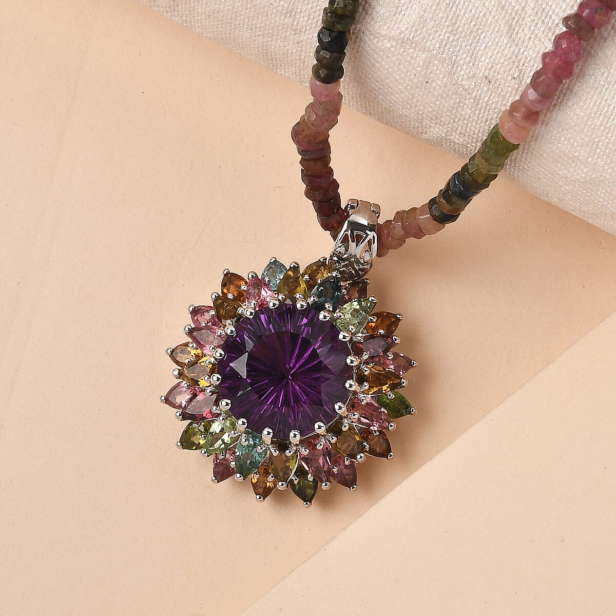 Hanabi Cut Zambian Amethyst, Multi-Tourmaline Firework Pendant with Beaded Necklace (20 Inches) in Platinum Over Sterling Silver (17.70 g) 50.75 ctw image number 1